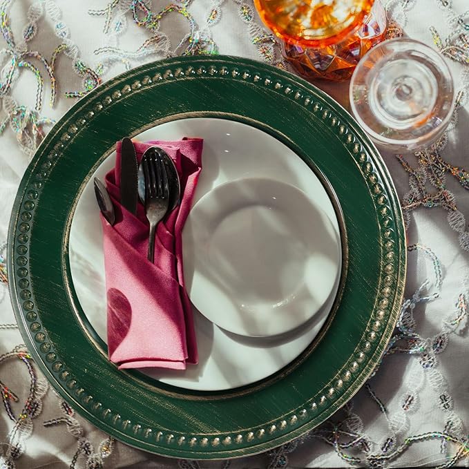 Vintage Charger Plates Set of 6, Beaded Charger & Service Plate, Plastic Charger Plate Set Bulk Wedding Easter, Event, Holiday, Elegant Table Setting Centerpieces, Hunter Green