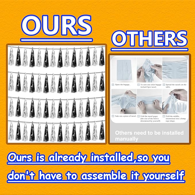 4P Black Silver Foil Fringe Metallic Tassel Streamers Banner Tassel Garland for Parade Floats, Graduation, Wedding, Birthday, Halloween, Christmas, Bridal/Baby Shower Party Decorations