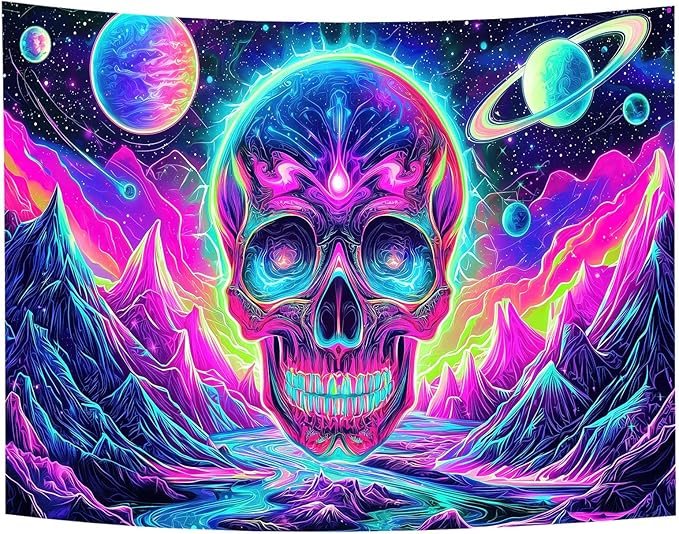 Blacklight Skull Tapestry, UV Reactive Gothic Skeleton Mountain Galaxy Planet Wall Hanging Tapestries, Glow in the Dark Horror Face Halloween Aesthetic Poster for Bedroom Living Room Decor 90X70IN