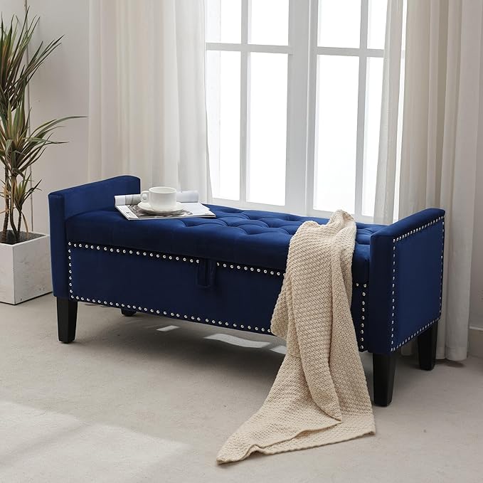 Storage Ottoman Bench, Velvet Upholstered Footstool for Bedroom and Living Room, Tufted Seat with Storage, Wooden Legs & Metal Rivets, Dark Blue