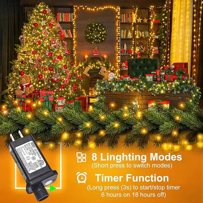 100FT 300 LED Christmas Lights, Warm White Christmas Tree Lights with 8 Modes Waterproof, Connectable Green Wire Outdoor String Lights for Indoor Patio Garden Xmas Party Decorations