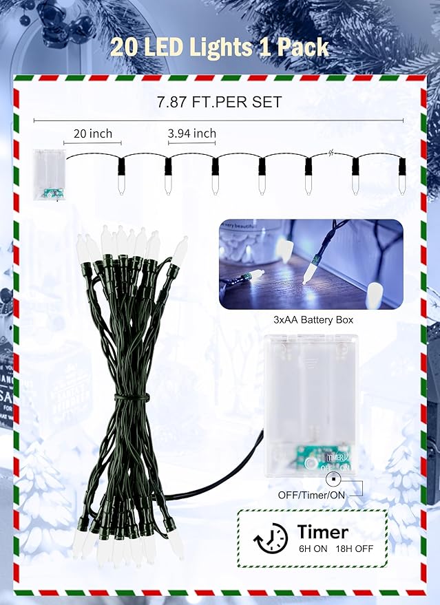 2 Pack Battery Operated Christmas String Lights, 8ft 20 LED Mini Lights with Timer, Christmas Tree Light for Indoor Outdoor Bedroom Wedding Party Holiday Xmas Decoration,Pure White