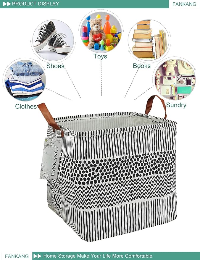 FANKANG Square Nursery Hamper Storage Bins Canvas Laundry Basket Foldable with Waterproof PE Coating Storage Baskets Gift Baskets for Children, Office, Bedroom, Clothes(Square-Black Lines )