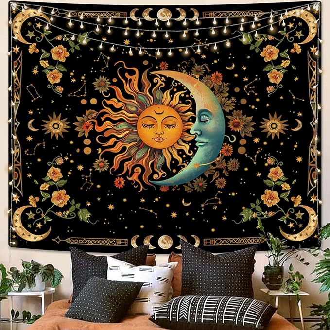 ARTCREATOR Sun and Moon Tapestry Astrology Space Wall Hanging Boho Hippie Floral Plant Tapestries Aesthetic Vintage Mandala Flower Decor for Living Room Bedroom (59" x 78")