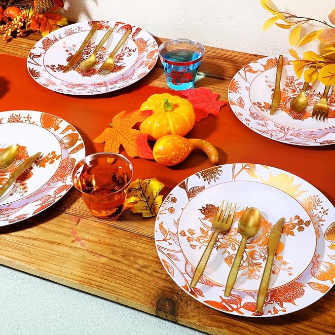 Fall Thanksgiving Disposable Plastic Plates Set for Guests Wildflower Pomegranate Chinoiserie Embossed Vintage Dessert Tableware for Autumn Wedding Party Dinnerware Supplies(80 Pcs)