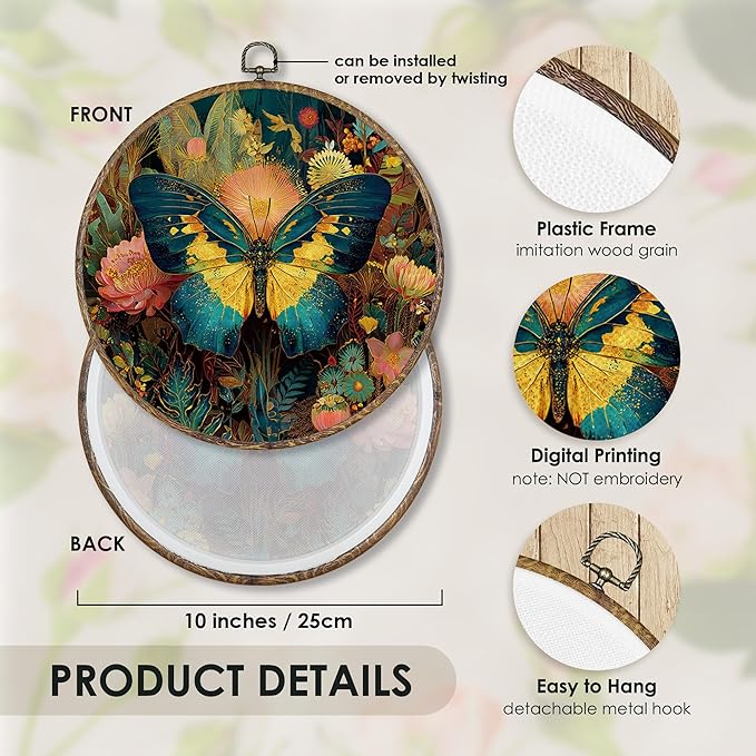 Fewgb Vintage Moody Butterfly Round Wall Art Decor Framed for Bedroom Living Room Bathroom, Dark Cottagecore Academia Canvas Wall Art Prints Picture, Gothic Hanging Room Decor Artwork 10x10