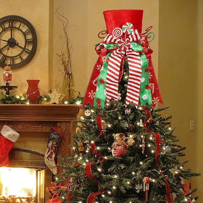 yofit Christmas Tree Topper Hat, Large Red Hat with Striped Bow Ribbon & Lollipop, Christmas Tree Decorations Top Hat, Desktop Ornaments for Home Xmas Holiday Winter Decor