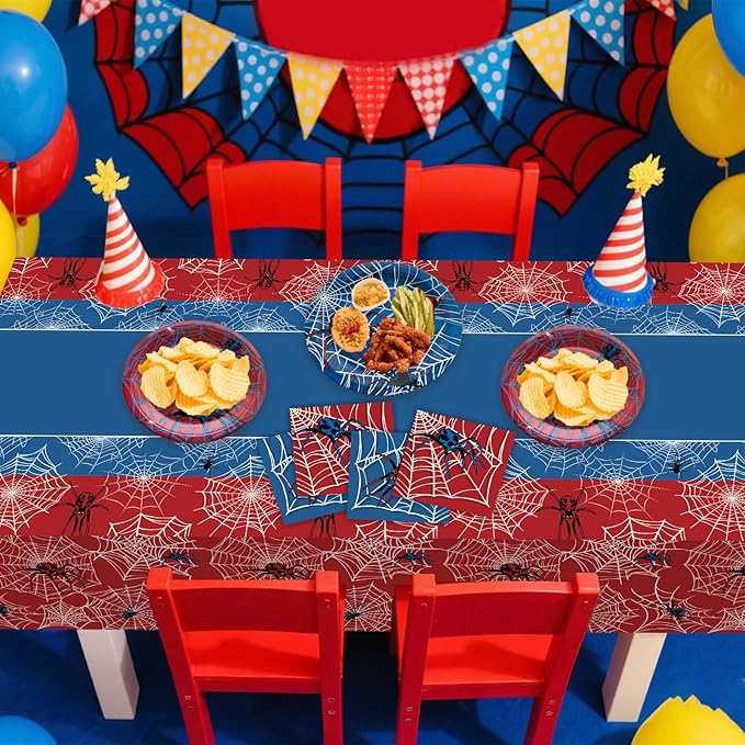 3 Pcs Spider Birthday Party Tablecloth 54 x 108 inch Plastic Table Cloth Disposable Red and Blue Tablecloth Rectangle Table Cover for Spider Birthday Party Decorations Halloween Supplies