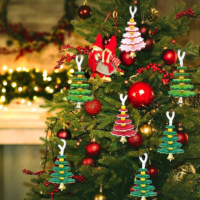 Hollowfly 24 Sets Felt Christmas Tree Ornament Craft Kit Small Layered Christmas Tree Felt Crafts for Xmas Decoration Stocking Stuffer Holiday Fun School DIY Activities