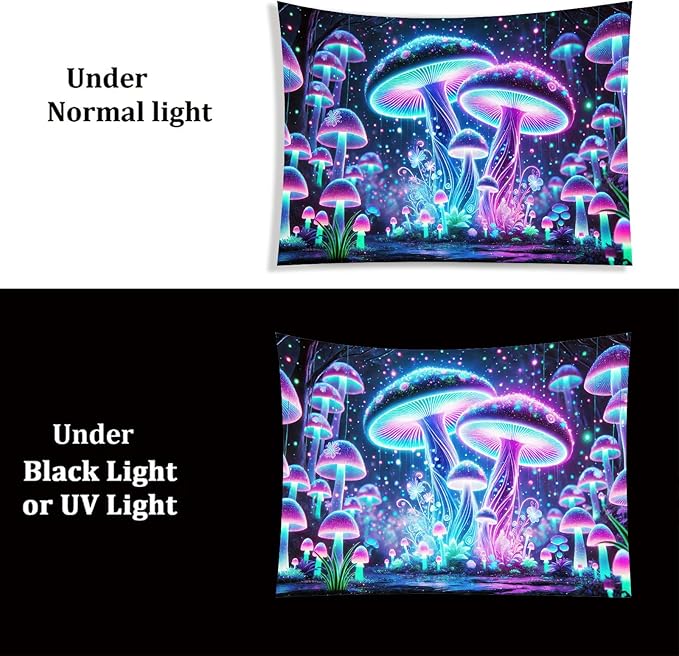 Starlit Patio Blacklight Mushroom Tapestry UV Reactive Trippy Glowing Wall Hanging Tapestry for Bedroom Living Room Dorm Aesthetic Psychedelic Forest Decor Fluorescent Poster Large 78 x 59 Inch
