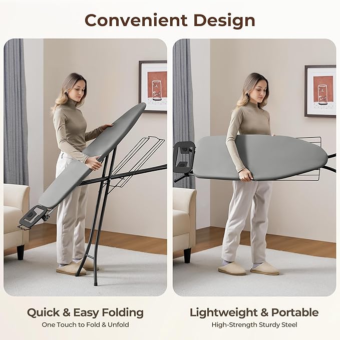 Yaheetech Ironing Board, Compact Iron Board with Cord Holder, Steam Iron Rest and Bottom Storage Tray, 9 Adjustable Heights & 3 Layer Cover, Folding Heavy Duty Ironing Board 52X14, Gray