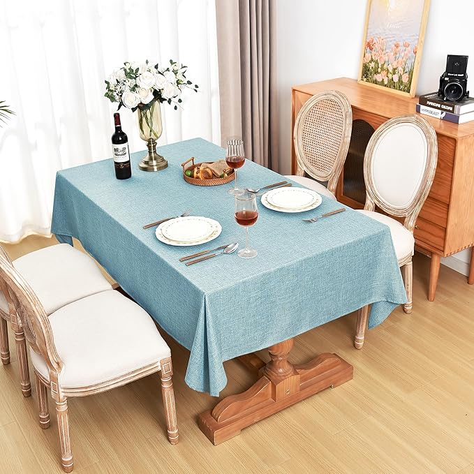 Fitable Faux Linen Tablecloths 60 x 84 Inch - 2 Pack Waterproof Table Clothes for Rectangle Foot Tables, Turquoise Flax Look Kitchen Table Covers for Farmhouse, Dining, Party, Outdoor Picnic