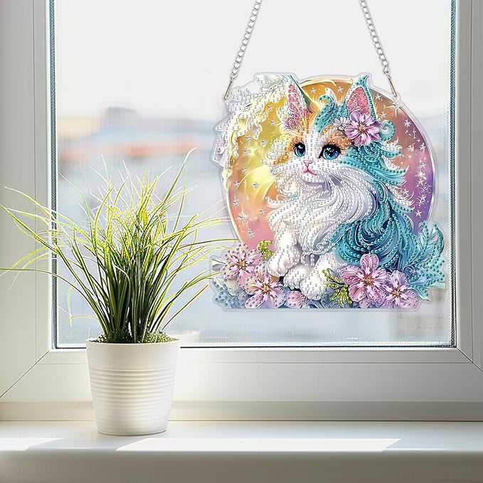 SENQAO Cat Diamond Art Hanging Kit for Adult, Special Shaped Rhinestone, Double Sided DIY Acrylic Diamond Art Painting Window Pendants Home Garden Wall Hanging Kits Hanging Ornament