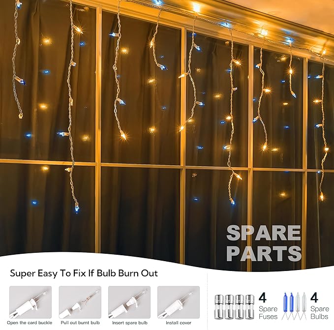 200ct Blue&Clear Mini Icicle Christmas Lights, 23FT White Wire Incandescent Bulb String Lights, Connectable Indoor Outdoor for Eaves, Window, Curtain, Party, Wedding