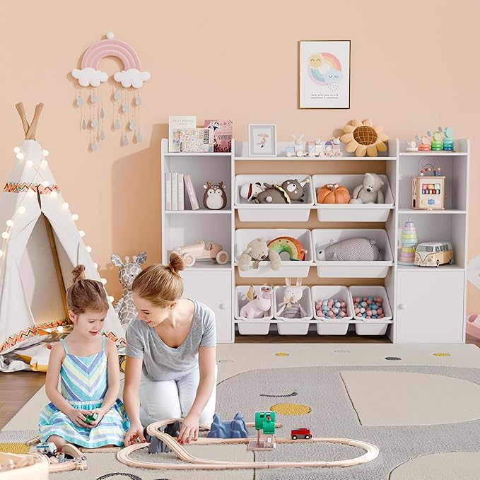 Xilingol Kids Toy Storage Organizer W/8 Removable Toy Bins, 4-Tier Toy Organizers W/6 Storage Cubbies, Kid Bookshelf and Toy Storage for Playroom, Bedroom, Kids Room, Classroom