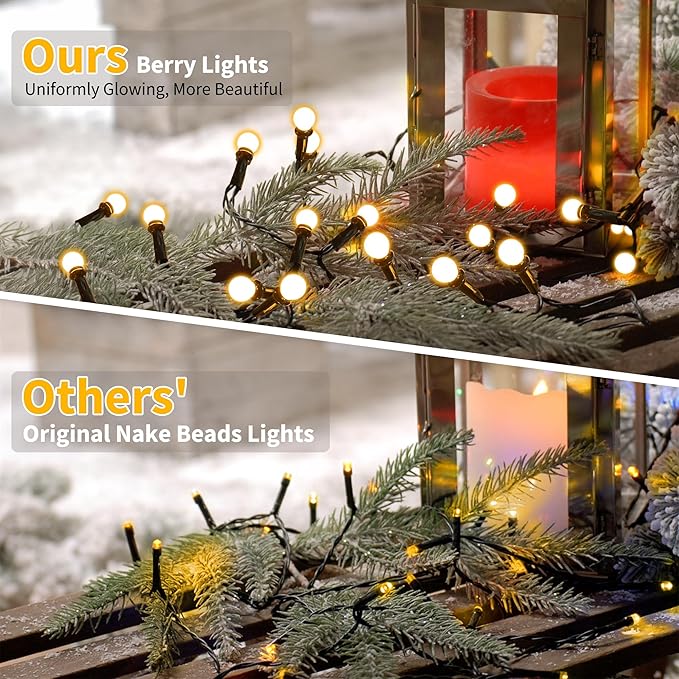 Brizled LED String Lights, 66ft 200 LED Warm White Christmas String Lights, 8 Modes LED Christmas Lights, Berry String Lights Plugin, Xmas Tree Lights Green Wire for Indoor Outdoor Party Patio