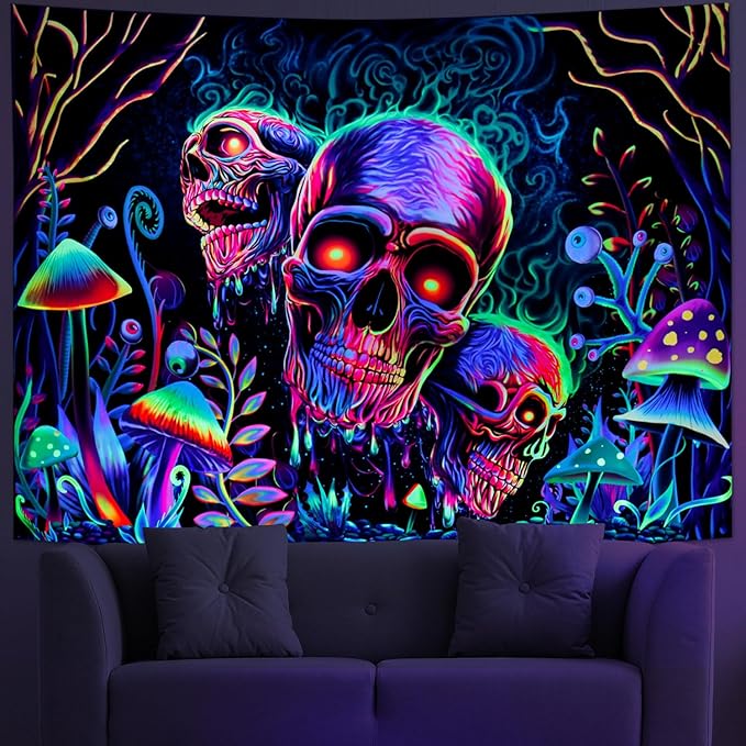 Amonercvita Blacklight Skull Tapestry Trippy Skeleton Wall Tapestries UV Reactive Neon Plants Trees Tapestries Aesthetic Galaxy Space Tapestry Wall Hanging for Bedroom Decor(W59.1×H78.7 inches)