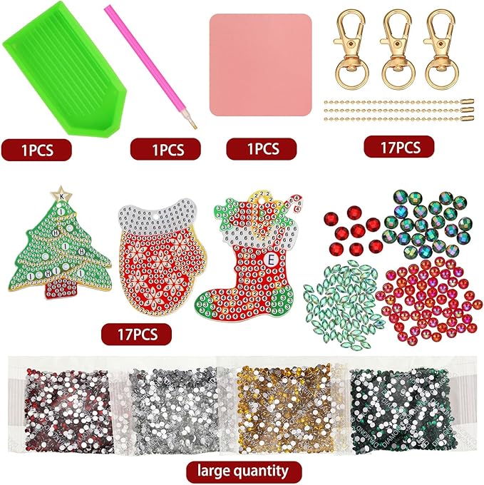 Yaomiao 17 Pieces Double Sided Diamond Art Christmas Ornaments Christmas Keychains Diamond Art Kit for Adult DIY 5d Painting Round Drill Key Chain Xmas Crystal Rhinestone Arts Craft Keychain Supplies