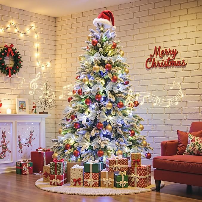 6.5FT Snow Flocked Pre-Lit Christmas Tree with 360° Rotating Base, 1036 PE/PVC Tips, 340 LED Lights, 8 Modes, Dimmable and Timer Functions, Musical Artificial Xmas Tree for Holiday Decor