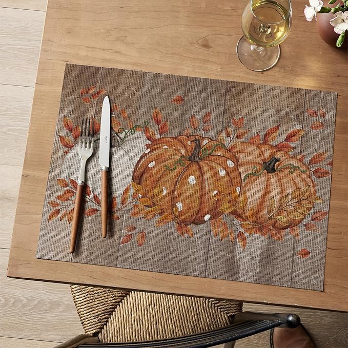 Artoid Mode Wood Pumpkin Leaves Fall Vinyl Placemats Set of 4, Wipeable Woven PVC Table Mats for Thanksgiving Farmhouse Party Kitchen Dining Decor