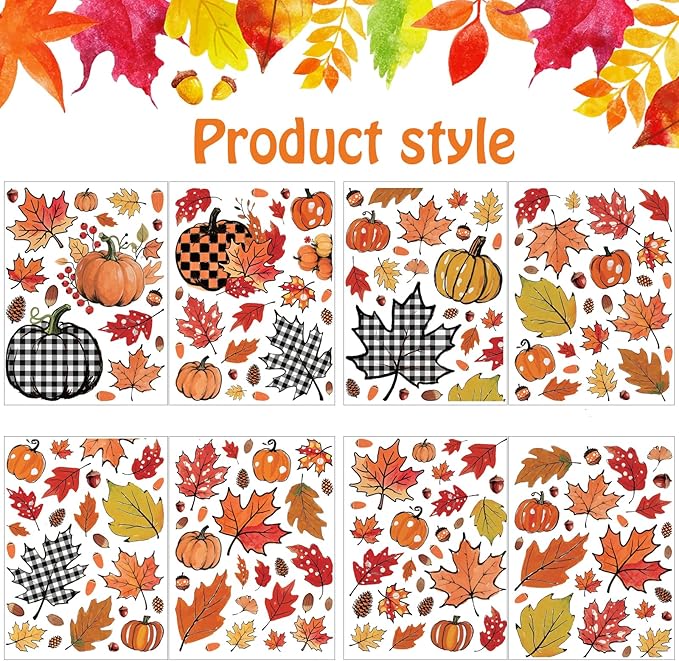 8 Sheets Fall Decorations, 178 Pcs Fall Window Clings, Double Sided Autumn Stickers with Maple Leaves Pumpkin Nuts Pine Cones for Party Thanksgiving Decor Indoor Outdoor Accessories
