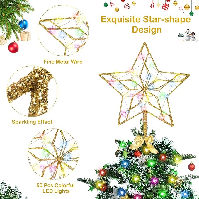 Christmas Tree Topper,50 LED Lighted Sparkling Star Tree Toppers Christmas Decorations,8 Lighting Modes Gold Star Xmas Decorations with Remote Control and Extra Battery Box,Glitter Christmas Ornament