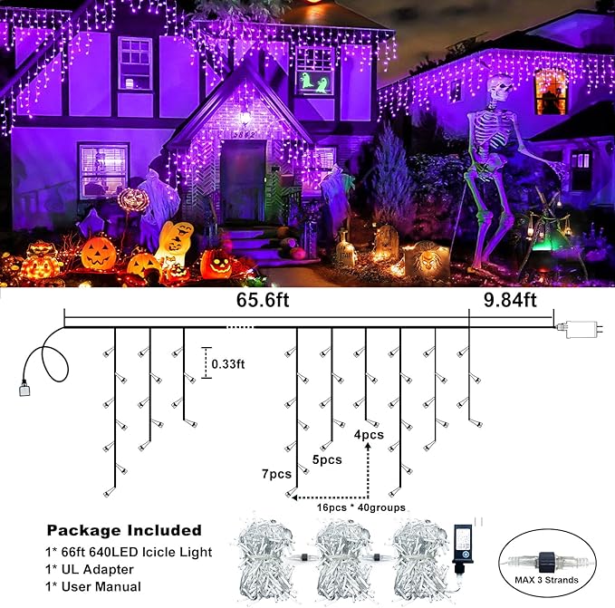 640 LED Purple Halloween Lights Outdoor, 66FT Icicle Lights for Outside with 8 Modes 120 Drops, Waterproof Plug in String Curtain Light for Indoor House Room Patio Party Decorations