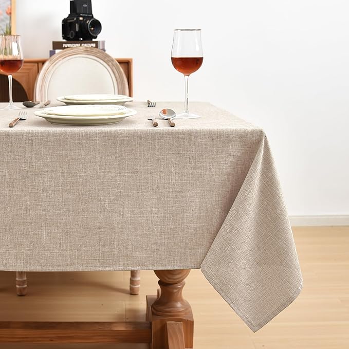 Fitable Faux Linen Beige Tablecloths 2 Pack, Faux Burlap Fabric Table Clothes for Rectangle Tables, Rustic Wrinkle-Proof Table Covers for Kitchen Dining, Party, Farmhouse, Baby Shower (54 x 78 Inch)