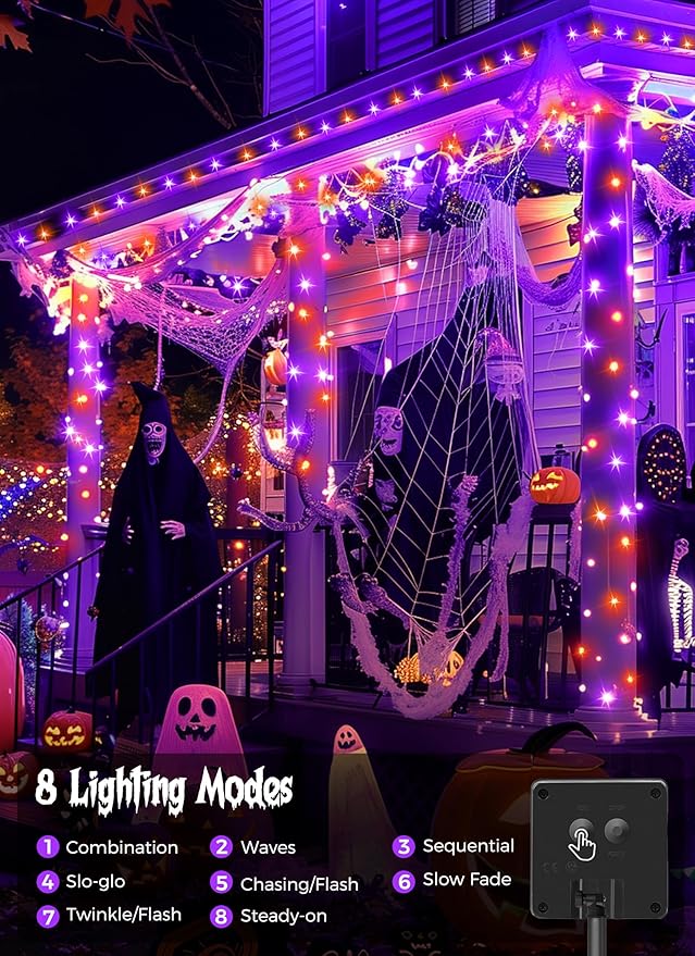 Minetom Halloween Solar Lights Outdoor - 4 Pack Total 160FT 400 LED Halloween String Lights with 8 Lighting Modes, IP65 Waterproof Solar String Lights for Outside Tree Party