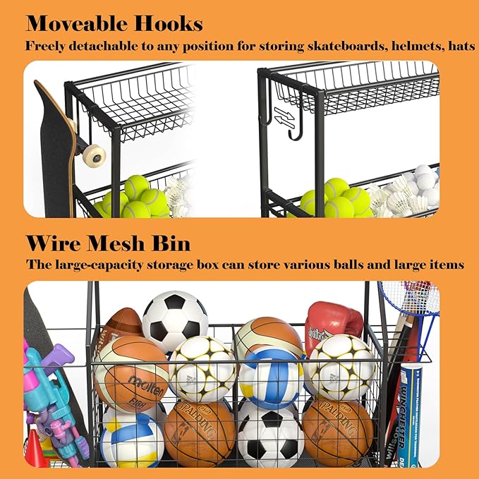 Sports Equipment Organizer, Garage Ball Storage Racks - Outdoor Toy Storage with 2 Side Racks & Removable Baskets, Heavy-Duty Garage Rolling Ball Cart with Wheels, Hooks for Toys, Sports Gear