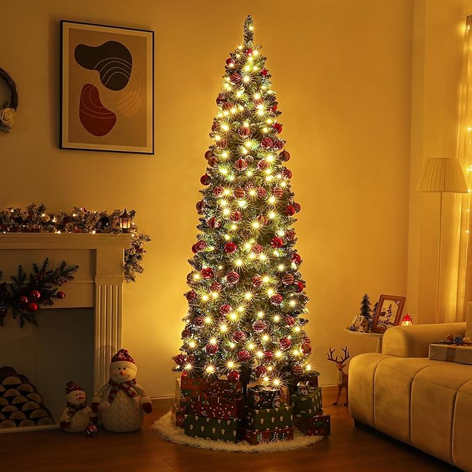 Homde Pencil Christmas Tree 5 Foot Pre-Lit Artificial Christmas Tree with Flocked Snow Pine Cone 140 Warm White Light Holiday Decor