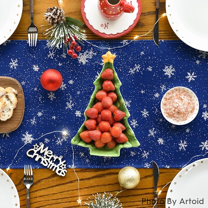 Artoid Mode Snowman Birds Trees Christmas Table Runner, Seasonal Blue Winter Holiday Kitchen Dining Table Decoration for Indoor Outdoor Home Party Decor 13 x 108 Inch