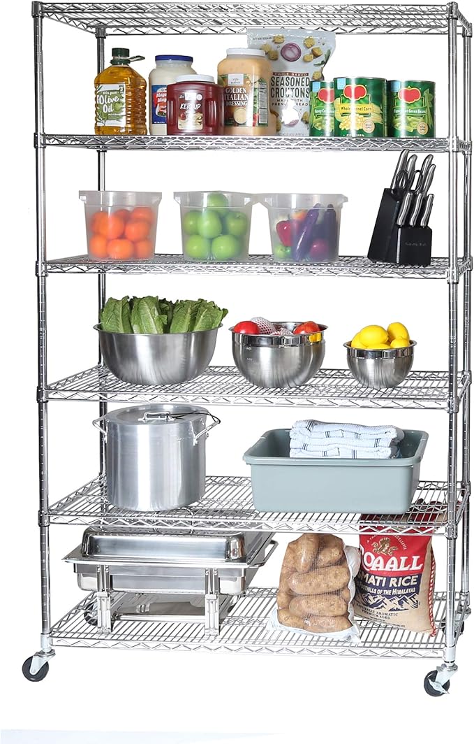 Seville Classics UltraDurable Heavy Duty NSF Solid Steel Wire Rack Storage Unit Wheels, 6-Tier Shelving, 48" W x 18" D