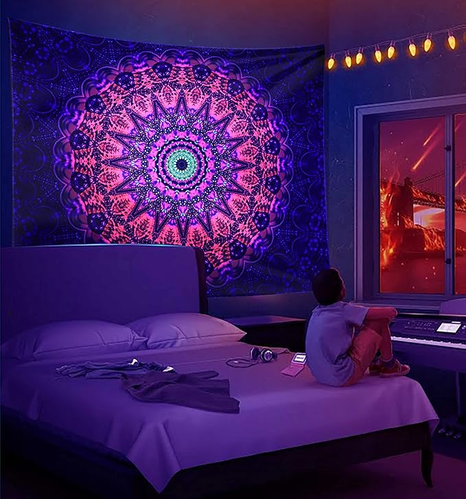 ADDWel Blacklight Mandala Boho Tapestry Glow In The Dark, Black Light Bohemian Hippie Poster Wall Hanging for Bedroom Aesthetic Wall and Room Decor (50" x 60", Mandala)