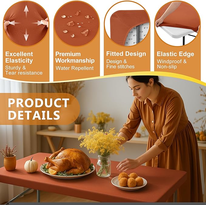 Fitted Tablecloth for 6 Foot Rectangle Tables-6 Pack Rust Elastic Outdoor Picnic Table Cover-Spandex Stretch Folding Table Cloths 6 ft for Camping Dining Room Patio Kitchen Banquet Party