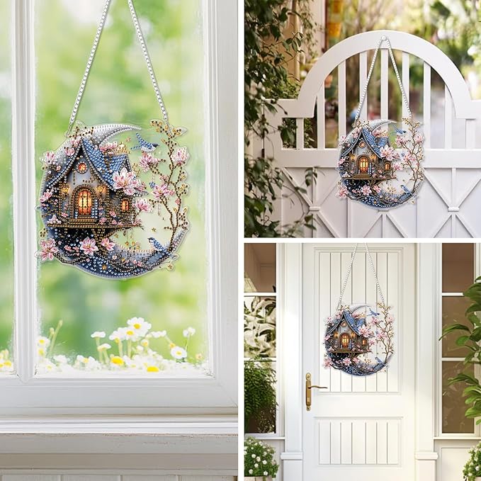 EOBROMD Diamond Hanging Art Kits for Adults, House on The Moon DIY Special Shaped Rhinestone Kits for Adults, Diamond Art Painting Suncatcher, Window Pendants Home Garden Wall Hanging Ornament