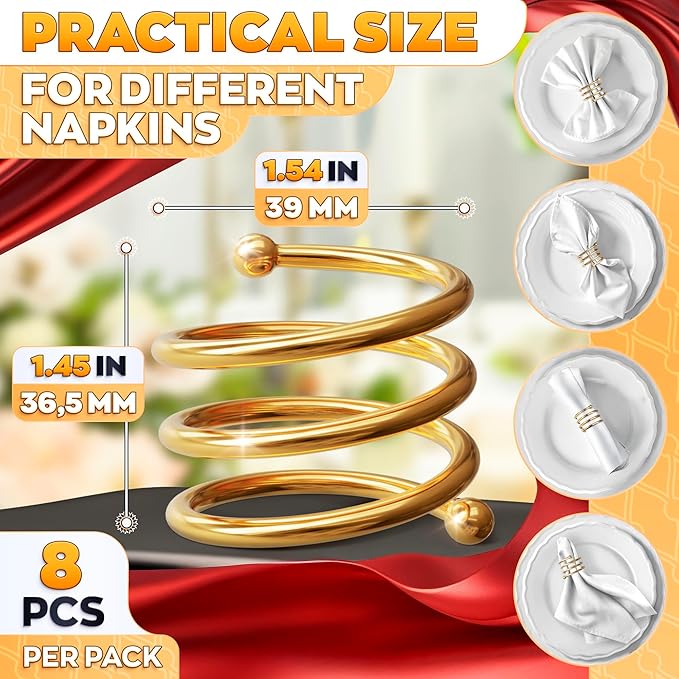 Gold Napkin Rings Set of 8 - Spring Napkin Rings with Elegant Spiral Design | Durable Metal & Shiny Gold Finish | Great for Weddings, Holidays & Everyday Use | Stylish Touch to Any Table Décor