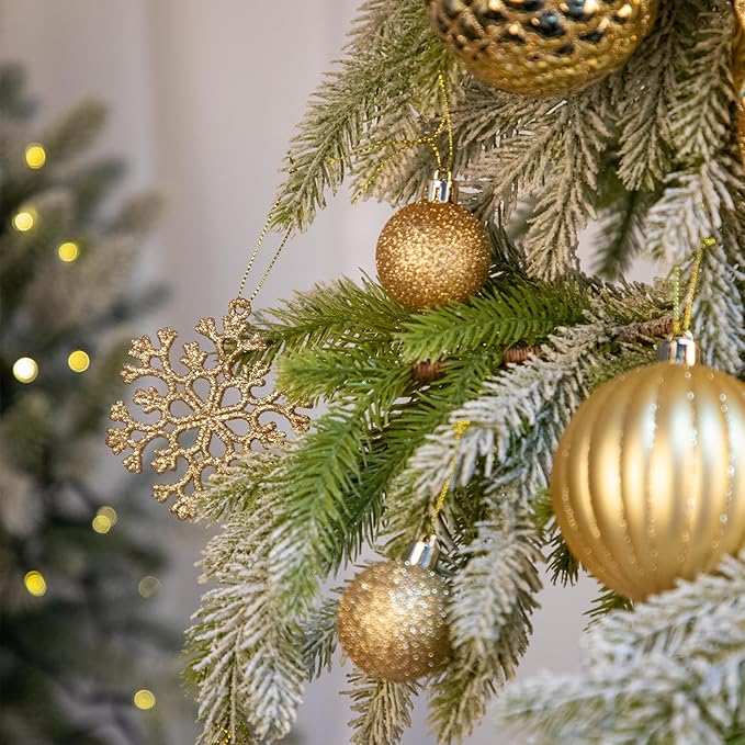50PCS Christmas Tree Ornaments Set with Shatterproof Balls Icicle Snowflake Hanging Ornaments for Home Office Farmhouse Christmas Decorations, Gold