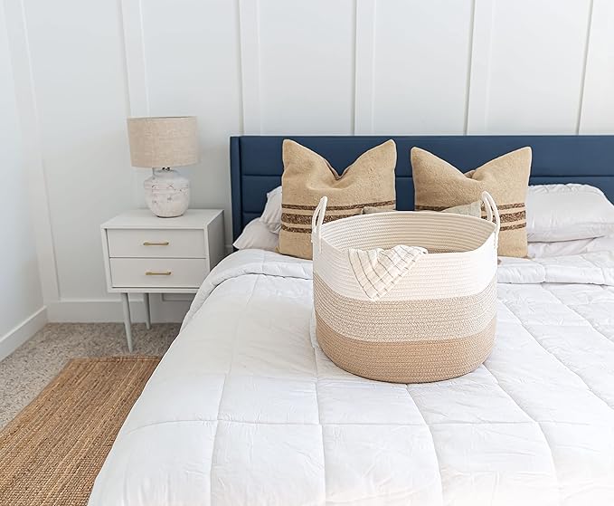 OrganiHaus Extra Large Blanket Basket for Living Room 20x13, Natural Cotton Rope Laundry Basket, Sturdy Hamper for Toy Storage, Cushions & Pillows Storage Bin, Nursery Decor Hamper - Honey