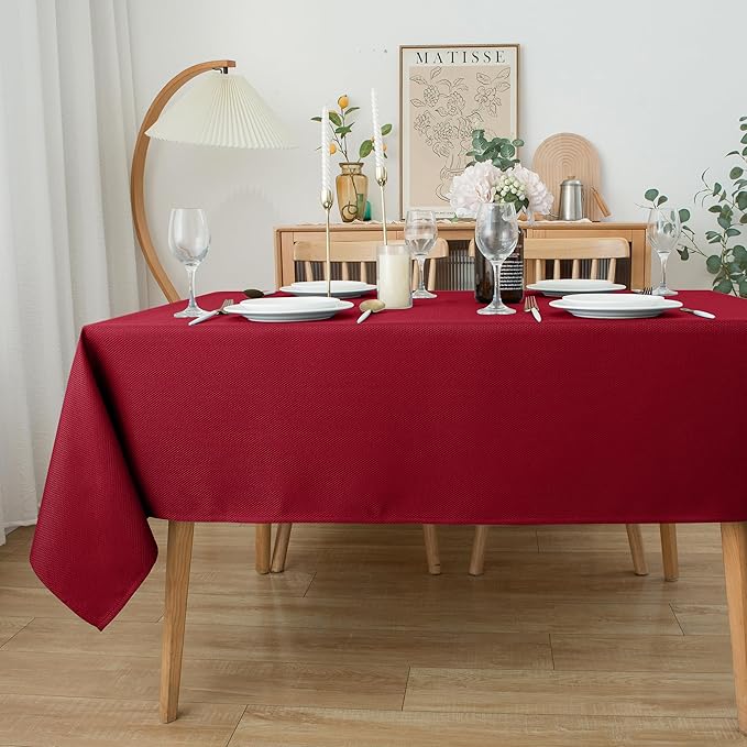 Biscaynebay Textured Fabric Christmas Rectangle Table Cloth 70x120 Inch, Red Water Resistant Tablecloths for Dining, Kitchen, Wedding and Parties, Machine Washable