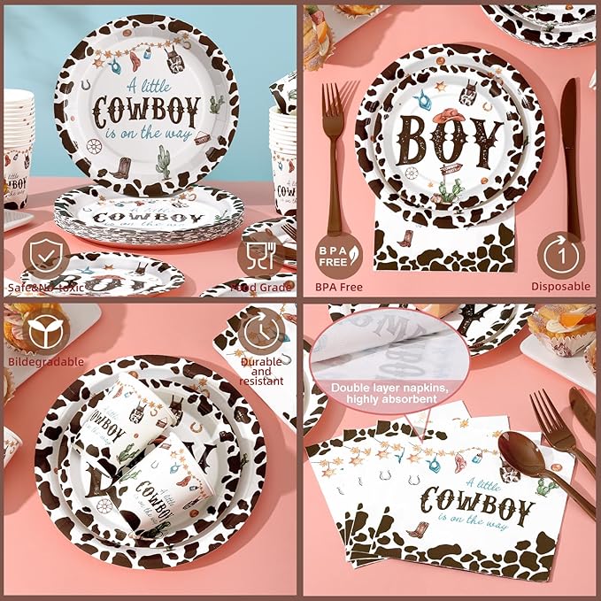 168 Pcs Cowboy Baby Shower Decorations, A Little Cowboy is on the Way Boy,Baby Boy Shower Plates and Napkins Sets Serves 24, Western Baby Shower Decorations, Its A Boy, Brown