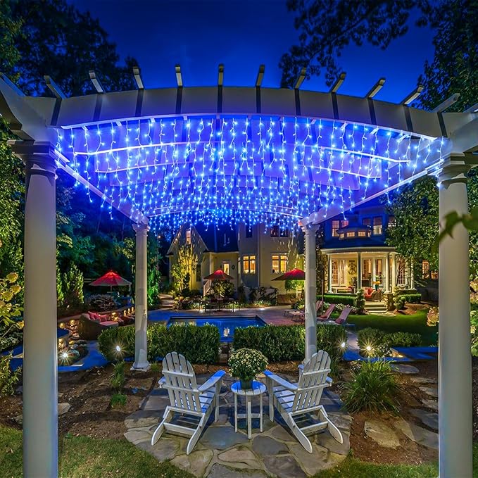 99ft Blue Christmas Lights Outdoor, 1216 LED Icicle Lights for Outside House with Clear Wire 8 Modes Timer, Plug in Waterproof for Home Holiday Eaves Yard Party Tree Room Wall Indoor Decoration