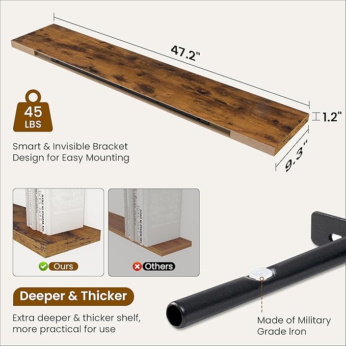 Fun Memories 48 Inch Deep Floating Shelves for Wall, 2 Pack of Long Wall Mounted Wood Shelves with Invisible Brackets for Bathroom, Bedroom, Living Room, Kitchen Decor and Storage, Brown