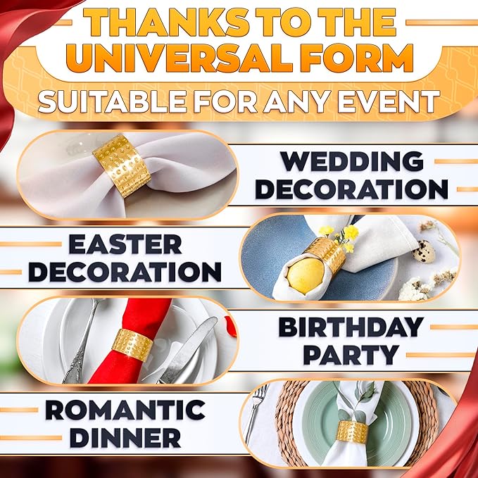 Hammered Gold Napkin Rings Set of 12 – Classic & Reusable Metal | 1.8" x 1.1" for Banquets, Weddings, Family and Holiday Gatherings, Ensuring an Elegant and Polished Table Presentation