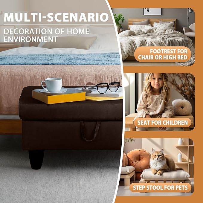 Ottoman Rectangular Storage Ottoman Bench, Flannel Footrest Stool Footstool with Lid for Living Room, Bedroom, Entryway, Coffee, 28.5"x19"x17.5"