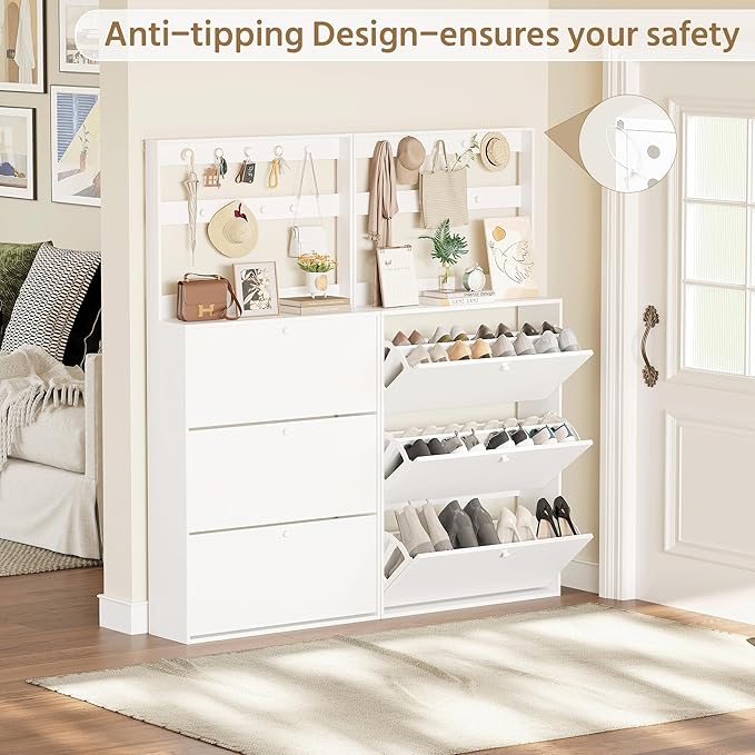 Shoe Cabinet Set of 2 with 3 Flip Drawers, Narrow Shoe Cabinet with 9 Hooks Coat Rack, Freestanding Shoes Storage Cabinets with Adjustable Shelves for Entryway, Hallway, Living Room, White
