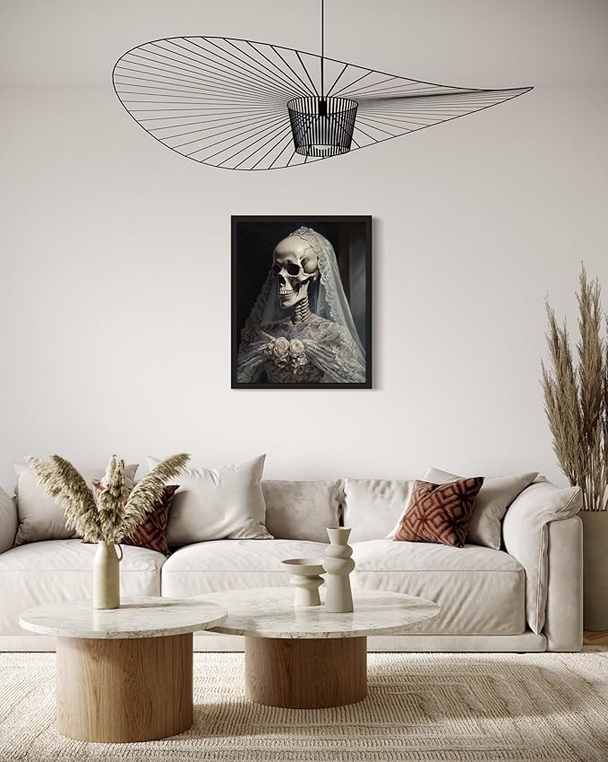Skull Gown Poster Art Print, Halloween Scary Vintage Wall Art Academia Spooky Painting Decoration for Horror Prints, Gothic Posters Bedroom Decor 89 (Skull Gown, 11 x 14 inches, Black Frame)