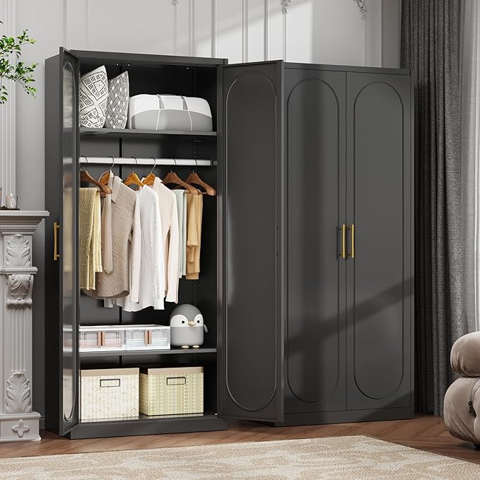 Metal Armoire Wardrobe Closet with 2 Doors, 71" Black Wardrobe Cabinet with Hanging Rod and Adjustable Shelves, Tall Clothing Storage Cabinets for Bedroom, Laundry Room, Home Office