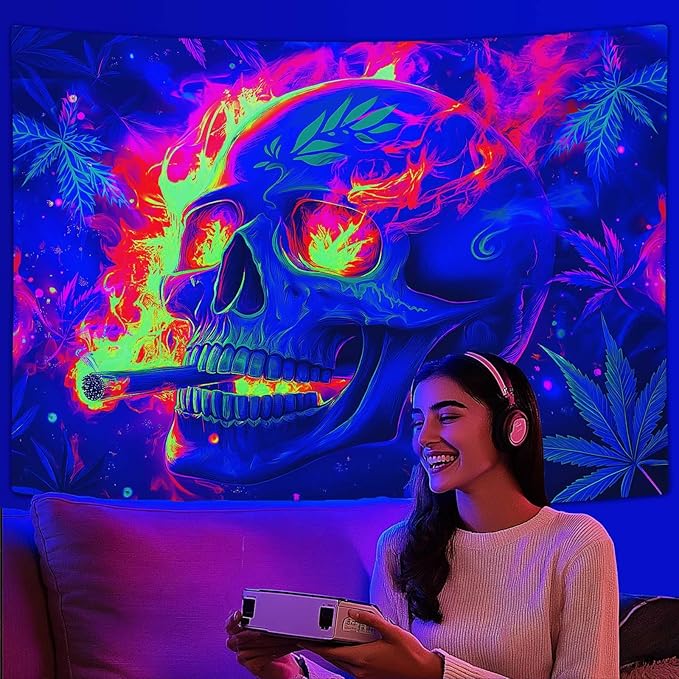 Blacklight Skeleton Tapestry, Glowing Skull UV Reactive Gothic Wall Hanging Tapestries, Glow in the Dark Grim Reaper Magic Horror Face Halloween Poster Tapestry for Bedroom Living Room Decor 70X60IN