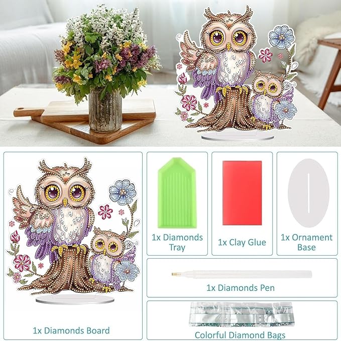 Diamond Painting Kits for Adults Beginners, 5D Full Drill Owl Crystal Art Desktop Ornament, DIY Single Sided Home Office Desk Decor, Creative Craft Gift Set with Tools
